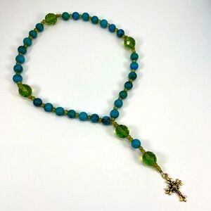 African Turquoise Green Glass Beaded Payer Beads Gold Tone Cross Religious
